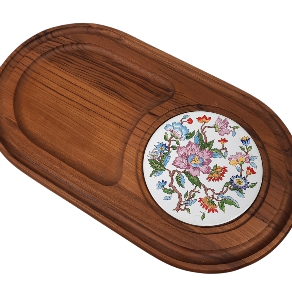 Vintage Dolphin Teak Cheese‎ Board with Floral Trivet Charcuterie